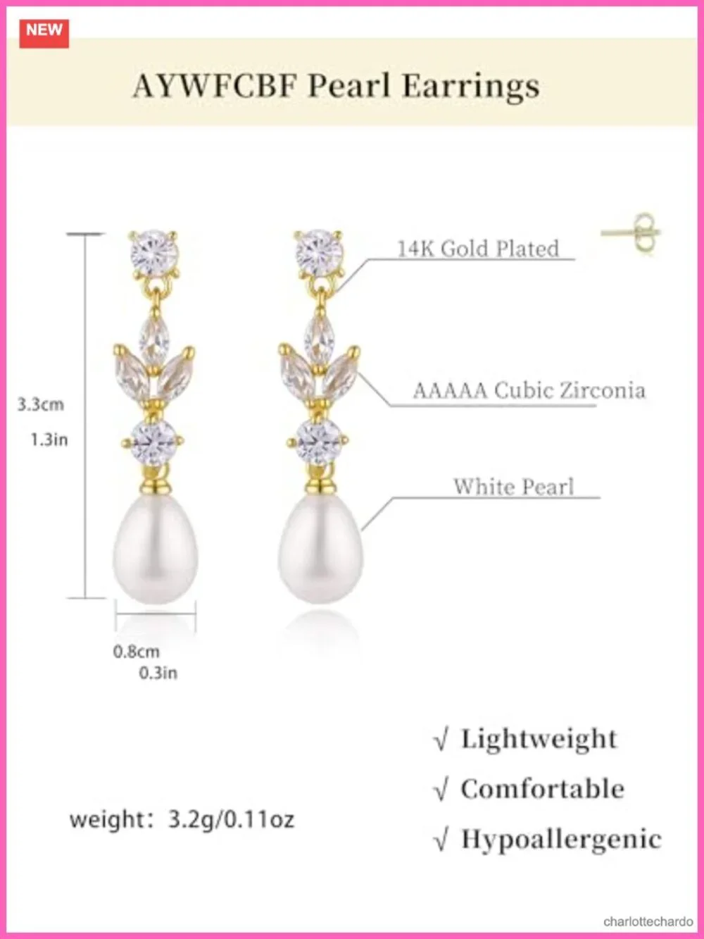 14k Gold Plated Pearl Drop Earrings with Cubic Zirconia, Hypoallergenic Wedding